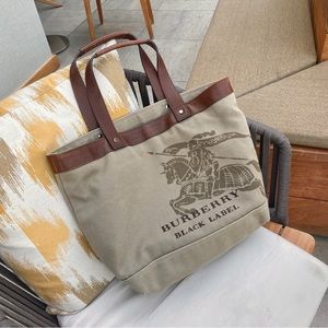 Burberry Khaki brown canvas tote Bag with leather